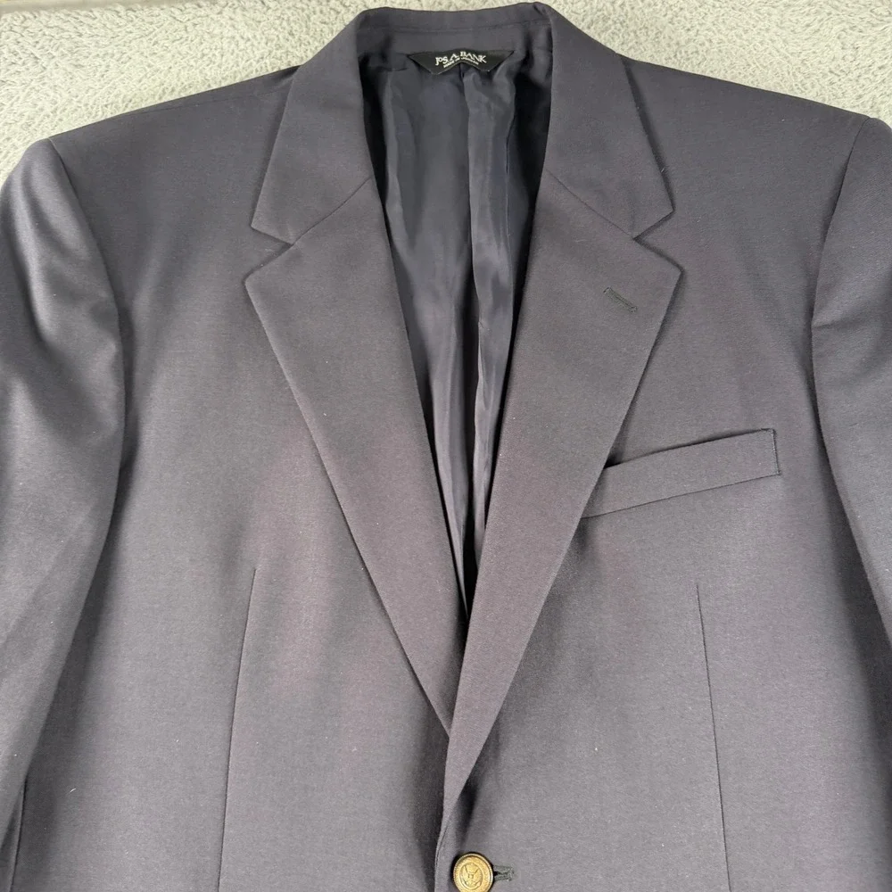 Jos A Bank Blazer Traveler Mens 46R Navy Wool Blend Crest Button Sport Coat
